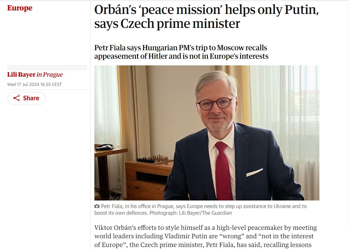 Petr Fiala v rozhovoru pro Guardian přirovnal Putina k Hitlerovi. Orbánova cesta není v zájmu Evropy ani ČR, řekl